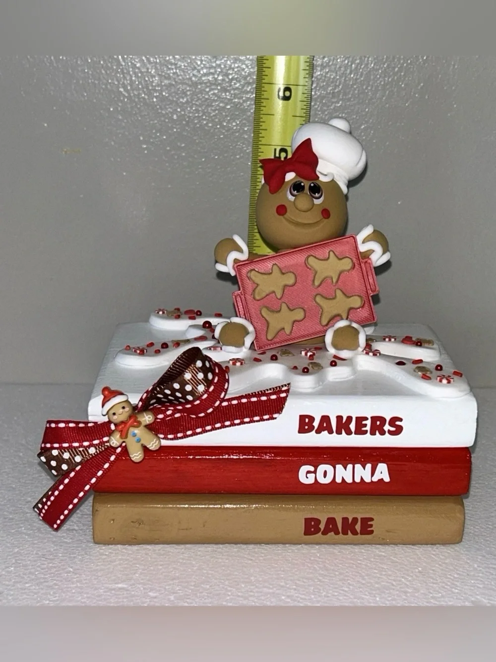Fake Gingerbread Baker Tabletop Accent Book Stack - Red, White & Brown Handmade